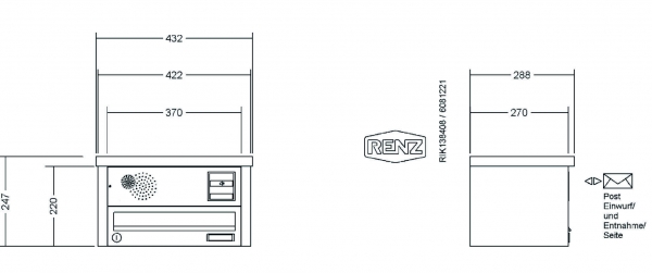 RENZ Briefkastenanlage Aufputz, Tetro, Edelstahl V4A, Kastenformat 370x110x270mm, mit Klingel - & Lichttaster und Vorbereitung Gegensprechanlage, 1-teilig